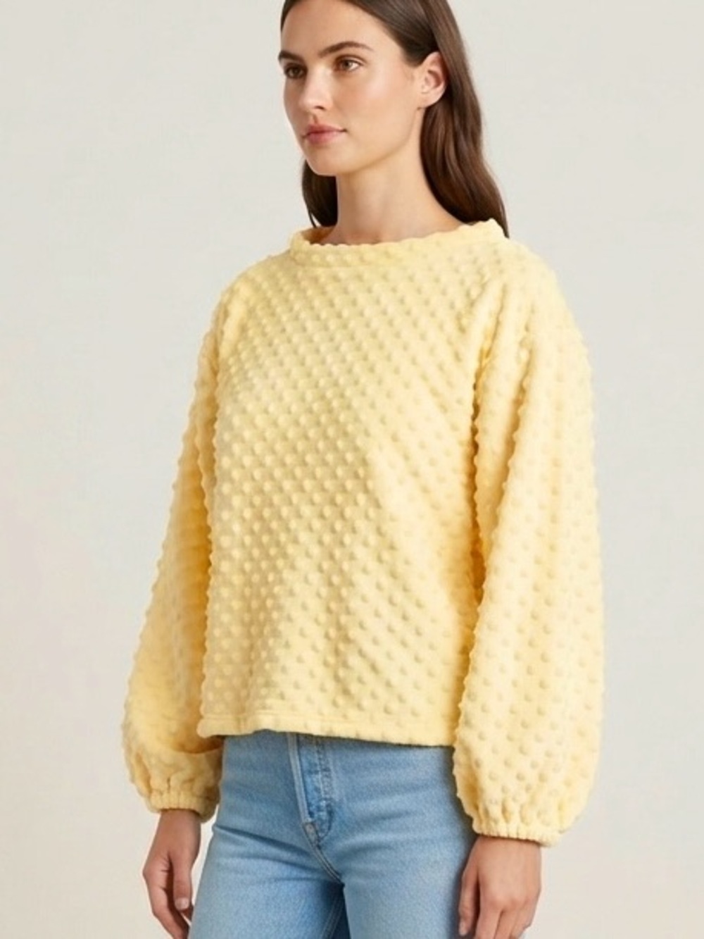 Y2K Pastel Yellow Popcorn Bubble Texture Long Sleeve Top Boxy Fit